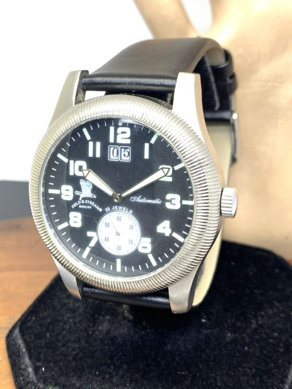 Field & Stream Men's Watch Automatic Black Dial Big Date Leather Band 44mm